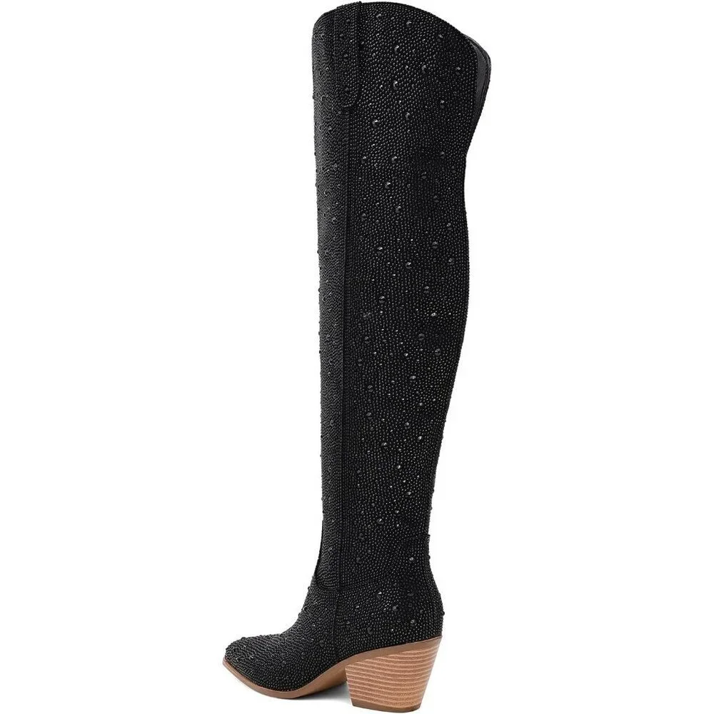 Women Black Faux Leather Sparkly Bling Rhinestone Over the Knee Cowboy Boots